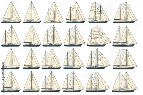Different types of sailing boats with white sails in a grid layout displaying various designs and shapes