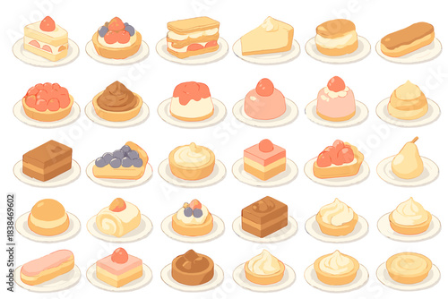 Delicacies on display with various desserts presented on white plates for viewing and enjoyment