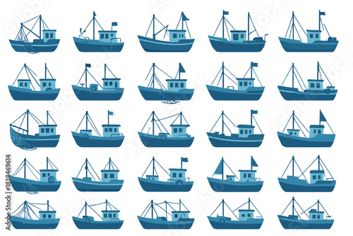 Different fishing boats lined up in a neat arrangement on a plain background
