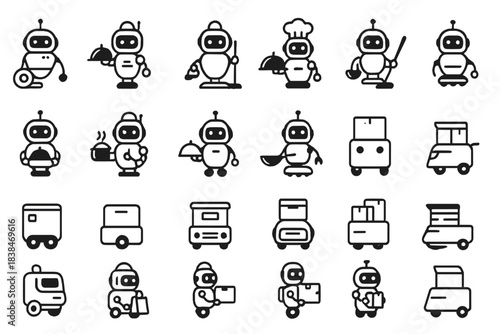 Robots engaged in various tasks in a simple design with no color express daily activities in a busy environment