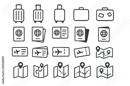 Travel items including luggage, passports, tickets, and maps for planning journeys and exploring new places