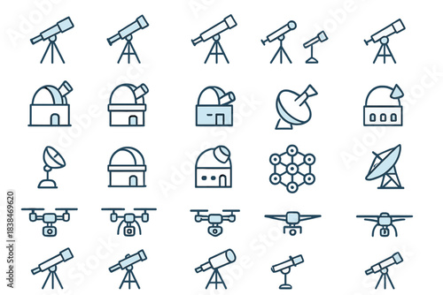 Different types of telescopes, observatories, and satellite dishes in a grid layout used for space exploration and observation