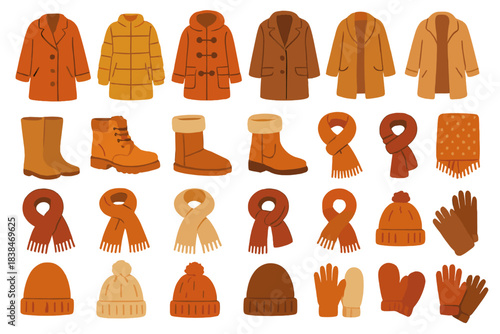 Warm clothing collection in shades of brown for winter season display showcasing different garments and accessories