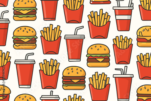 Fast food pattern with burgers, fries, and drinks in bright colors on a light background