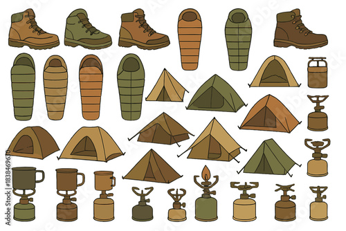 Collection of camping gear including tents, boots, sleeping bags, and cooking equipment for outdoor activities