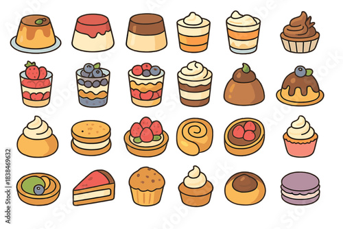 Various types of desserts displayed on a white background with different shapes and colors in a sweet arrangement