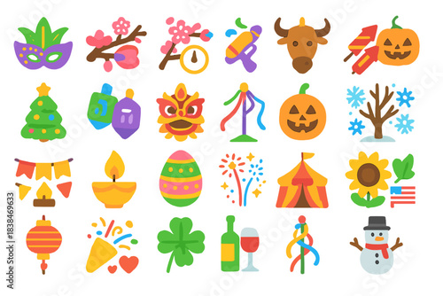 Colorful collection of holiday symbols and icons featuring diverse themes and celebrations