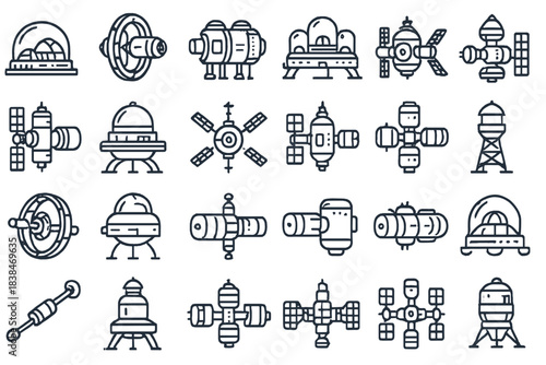 Different types of space vehicles and stations drawn in a simple style with lines and shapes