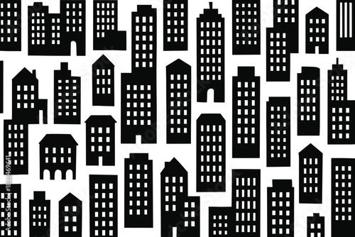 Buildings and structures arranged in a pattern with various shapes displayed against a white background