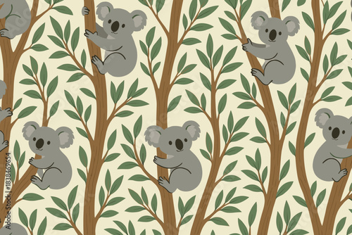 Koalas climbing trees in a forest setting with green leaves during daylight hours