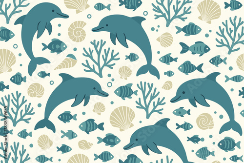 Dolphins swim among fish and corals in ocean water, creating a lively underwater scene with shells and sea creatures