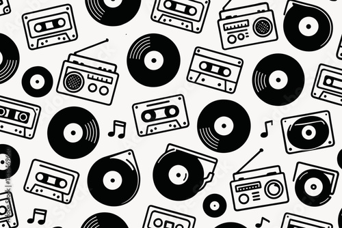 Music icons and symbols create a lively pattern celebrating sound and rhythm through various forms of media