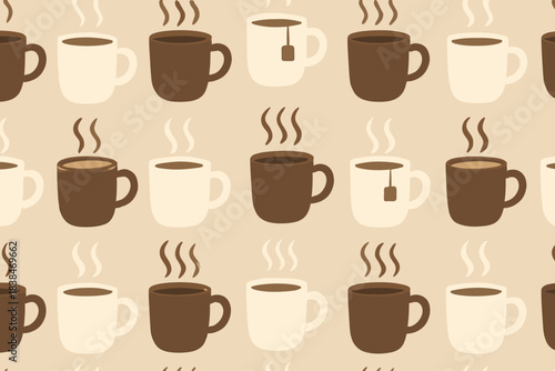 Coffee cups in different colors create a pattern with steam rising above them in a simple design