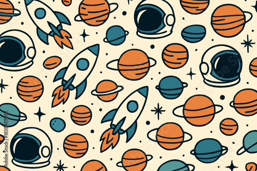 Space-themed design with rockets and planets featuring bright colors and simple shapes