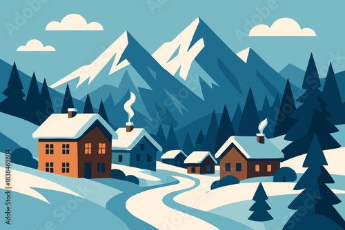 Winter landscape with houses, mountains, and a winding road in a snowy scene during daytime