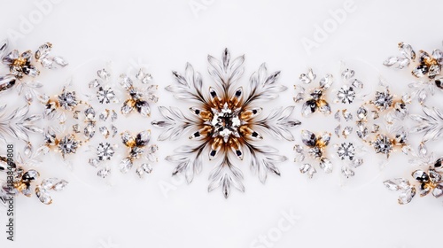 Intricate floral design featuring sparkling crystals on a pristine white background, suitable for elegant decor
