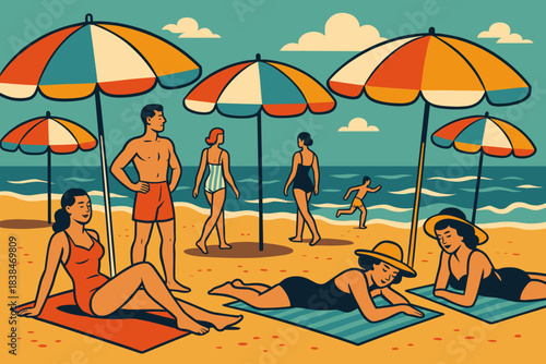 People enjoy a sunny beach day with colorful umbrellas and the ocean in the background during summer vacation