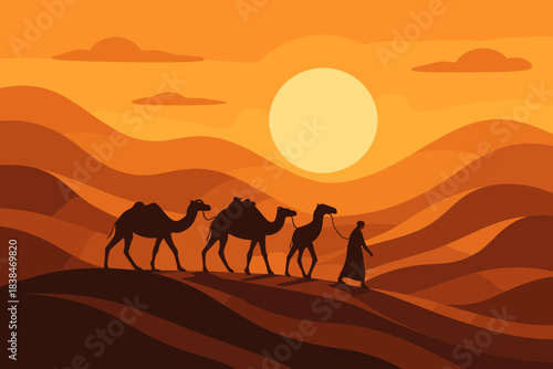 Camels walk through desert hills under the sun during sunset near a traveler guiding them
