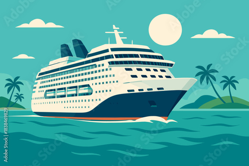 Cruise ship sails in blue water near green hills under a bright sun and clouds during daytime