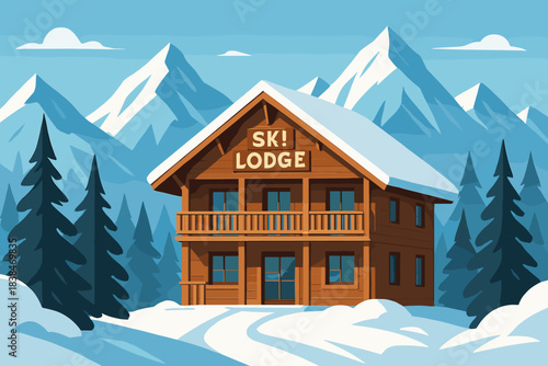 Winter lodge in the mountains with snowcapped peaks and tall trees nearby