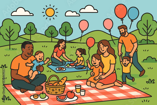 Family enjoys picnic in sunny park with balloons and food during afternoon