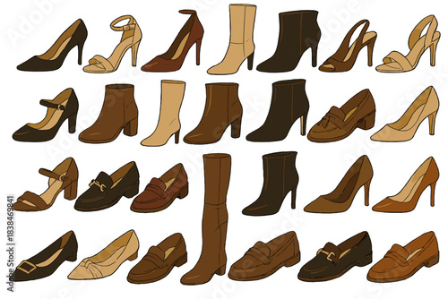 Various types of shoes displayed in different styles and colors on a flat surface for a fashion showcase near a window