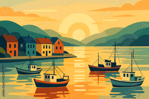 Boats in a harbor during sunset with buildings and mountains in the background by the calm water