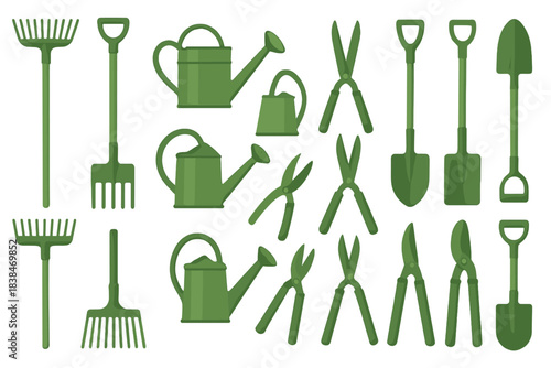Gardening tools arranged in green colors for outdoor planting activities