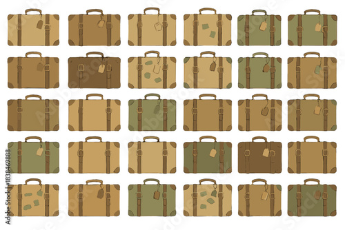 Collection of vintage suitcases in various styles and colors arranged in a grid pattern on a plain background