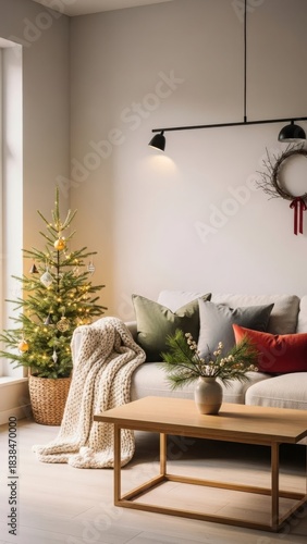 Cozy living room with a small christmas tree, cushions, and a coffee table decorated for the holidays