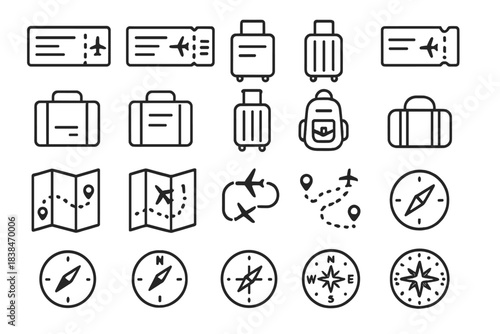 Travel icons showing various symbols of flights, maps, luggage, and navigation tools for exploring new places with ease and excitement