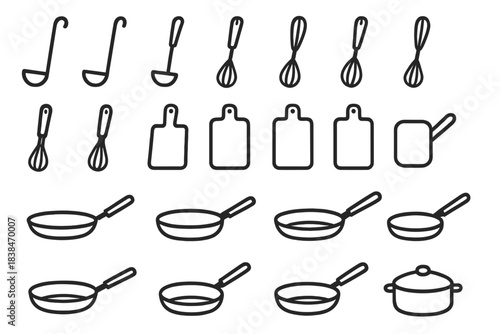 Cooking tools collection showing ladles, whisks, chopping boards, and pans used in food preparation and cooking in a kitchen setting