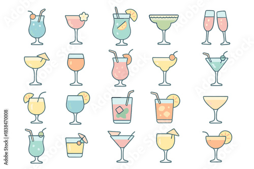 Display of various colorful cocktails arranged in grid format in a simple design