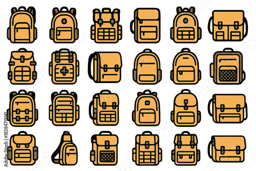 Collection of different backpack designs with various styles and shapes displayed in a grid format for educational purposes