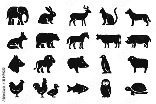 Animals in black silhouette on white background showing different species from land and water habitats and their shapes clearly defined