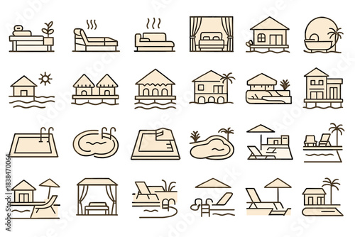 Different types of homes and relaxation areas by water with decorative and functional designs