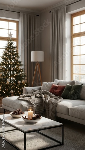 Cozy living room with christmas tree, couch, and modern decor
