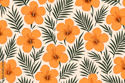 Vibrant orange hibiscus flowers against a light background with green leaves in a decorative pattern
