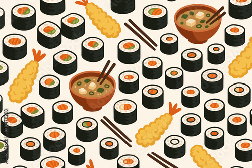 Different types of Japanese food including sushi, tempura, and ramen placed together on a light background in a playful design