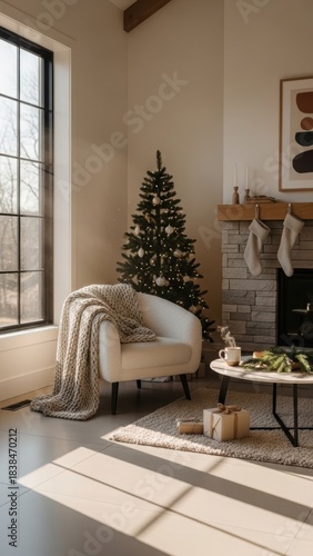 Cozy living room with a decorated christmas tree, fireplace, and a plush chair