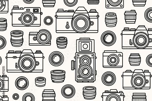 Pattern of cameras and lenses on a light background used for design in modern visual arts