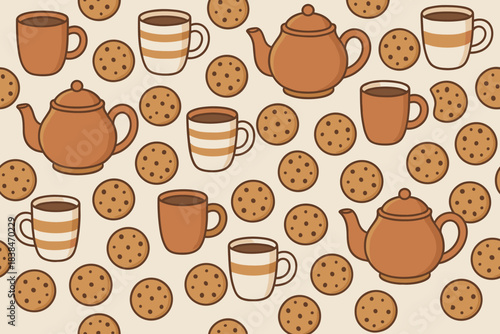 Warm drinks and cookies on a light background with teapots and cups arranged in a simple pattern