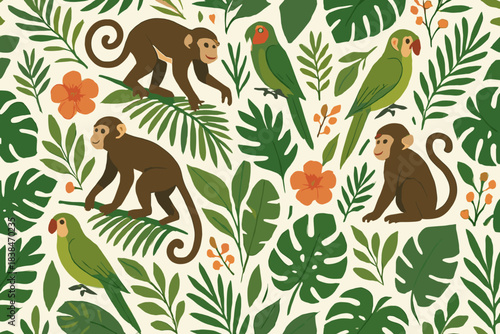 Colorful monkeys and parrots surrounded by tropical leaves in a vibrant nature scene
