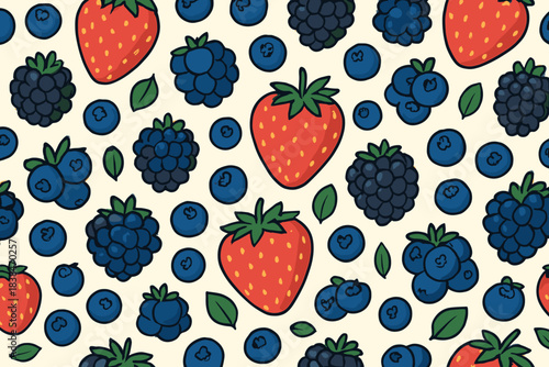 Colorful pattern of strawberries, blackberries, and blueberries on a light background during summer