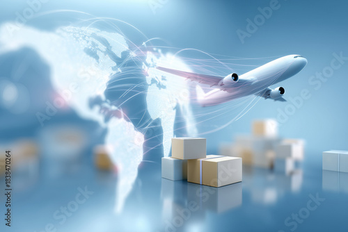 An airplane flies over a world map with shipping boxes below, symbolizing the speed and efficiency of global logistics and international commerce. Connectivity enhances trade