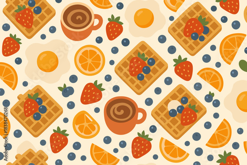 Colorful pattern of breakfast items including waffles, eggs, fruit, and coffee on a light background