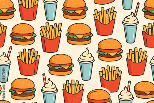 Colorful pattern of fast food items including burgers, fries, and ice cream in a fun and playful design for food lovers