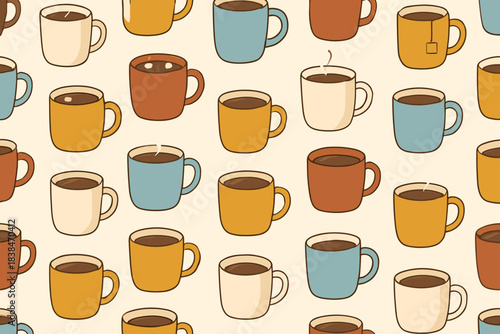 Different mugs with hot drinks arranged on a light background in a repeated pattern