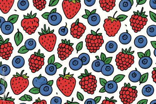 Pattern of strawberries, raspberries, and blueberries on a white background showcasing various fruits and green leaves