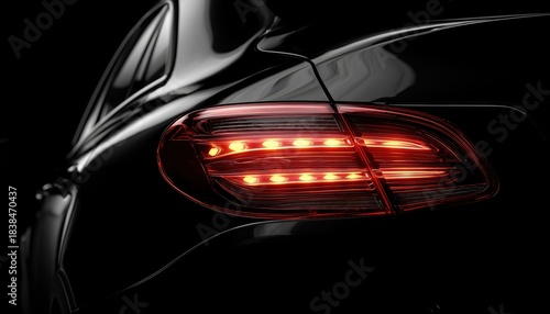Sleek Black Luxury Car Tail Light With Copy Space Against A Dark Background. Spacious Design With A Black Car In Background.